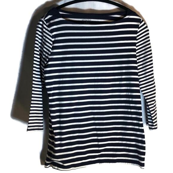102. Merona Striped Boatneck Top Size Medium Blue White Nautical Preppy - Picture 1 of 13